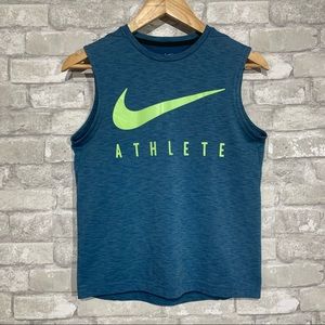 Nike Girls Large Athletic Tank Top Heather Blue Neon Green Logo Crewneck EUC